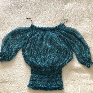 ZARA Sheer Peasant Shirred Smocked Bohemian Top Off Shoulder Floral S M